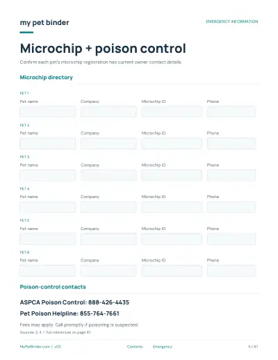 My Pet Binder six-pet microchip & poison control page preview