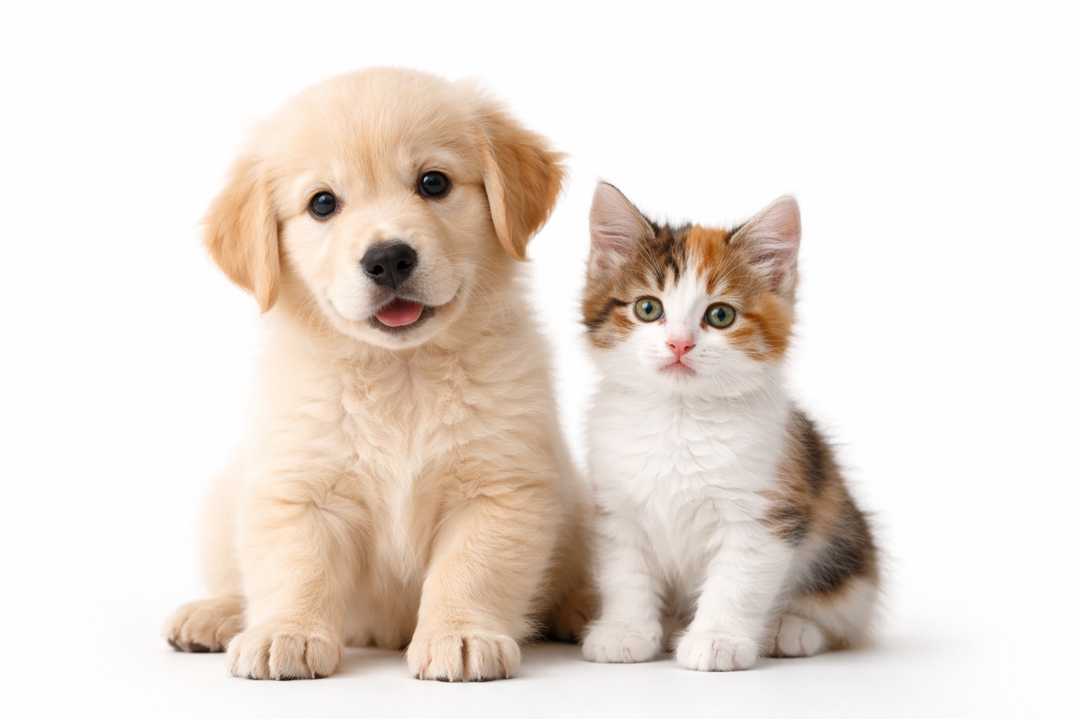 A golden retriever puppy and kitten sitting together