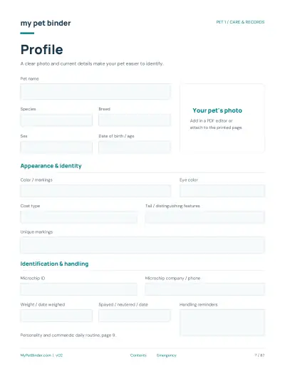 My Pet Binder six-pet pet profile page preview